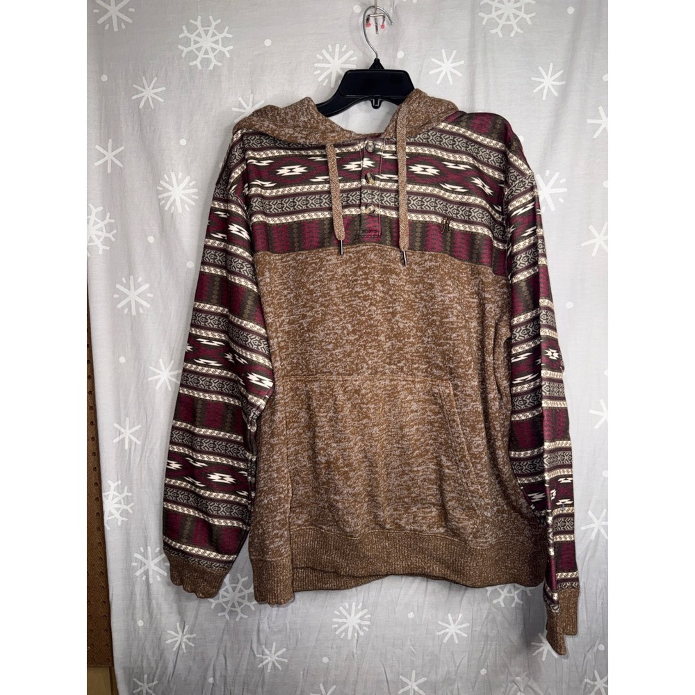 Hooey Mens XL Southwestern Geometric Henley Pullover Hoodie Brown Burgundy